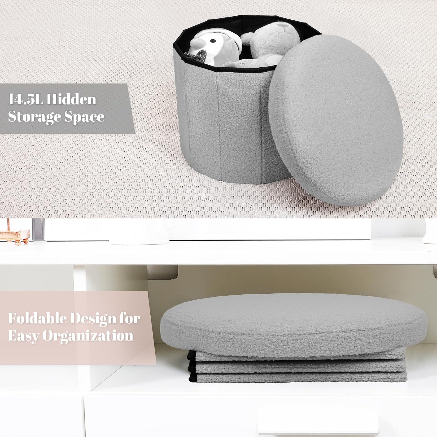 BoxedHome Dorm Room Storage Round Cute Ottoman with Storage Boucle Foot Stool Footrest for Lving Room, Support 220lbs, Gray 15"x15"x12.6"