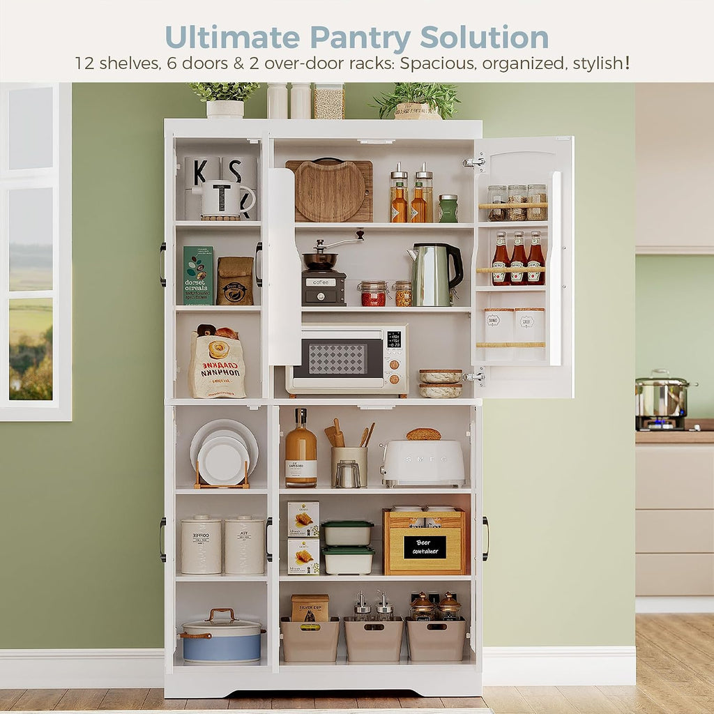 IRONCK Kitchen Pantry Storage Cabinet, Modern Food Pantries with 12 Shelves, 2 Door Racks, Adjustable Shelves, Freestanding Cupboard for Kitchen, Dining Room, White
