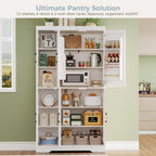 IRONCK Kitchen Pantry Storage Cabinet, Modern Food Pantries with 12 Shelves, 2 Door Racks, Adjustable Shelves, Freestanding Cupboard for Kitchen, Dining Room, White
