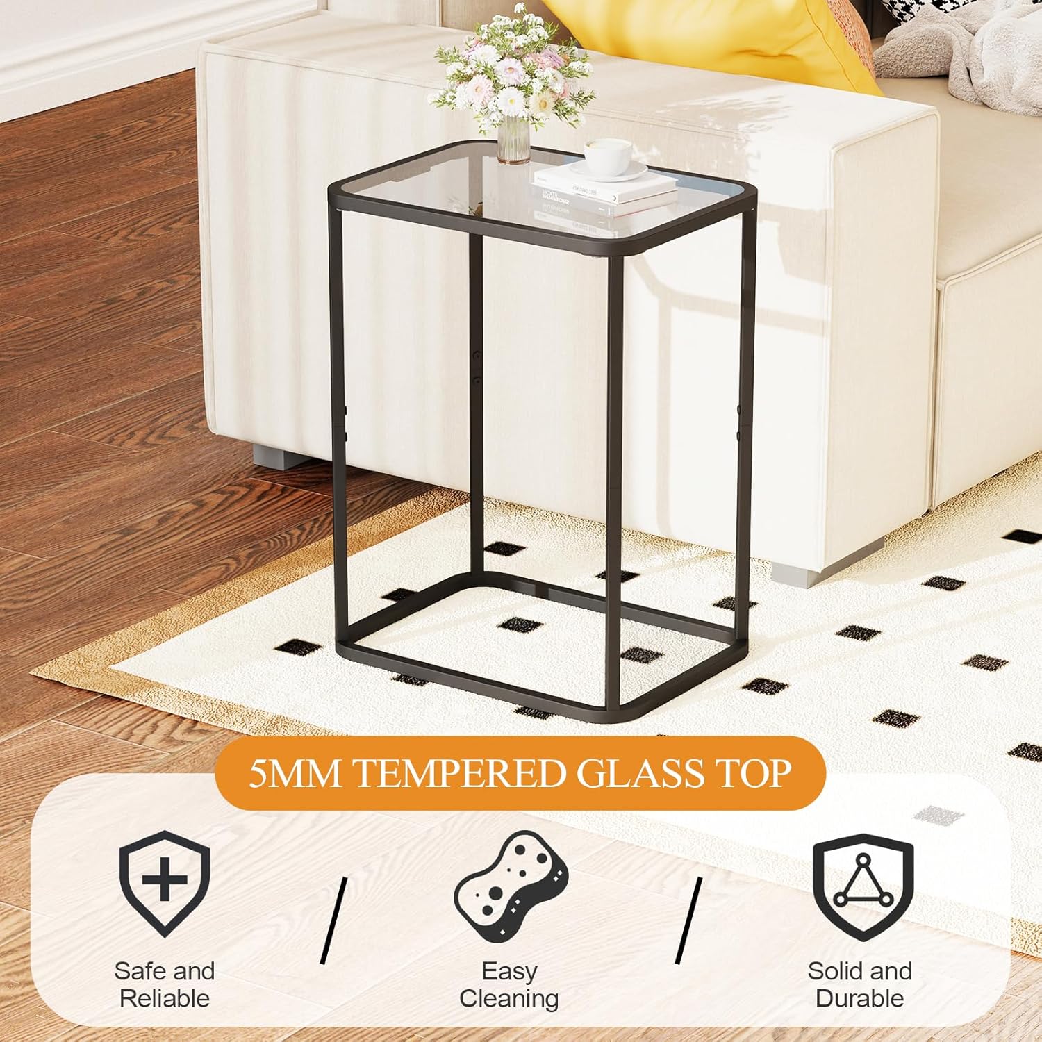 Garden 4 you Glass Side Table, Rectangle End Table with Metal Frame, Modern Bedside Table for Office, Bedroom, Living Room, Study, Small Spaces, Easy Assembly, 15.75 * 11.81 * 20.87 Inches, Black