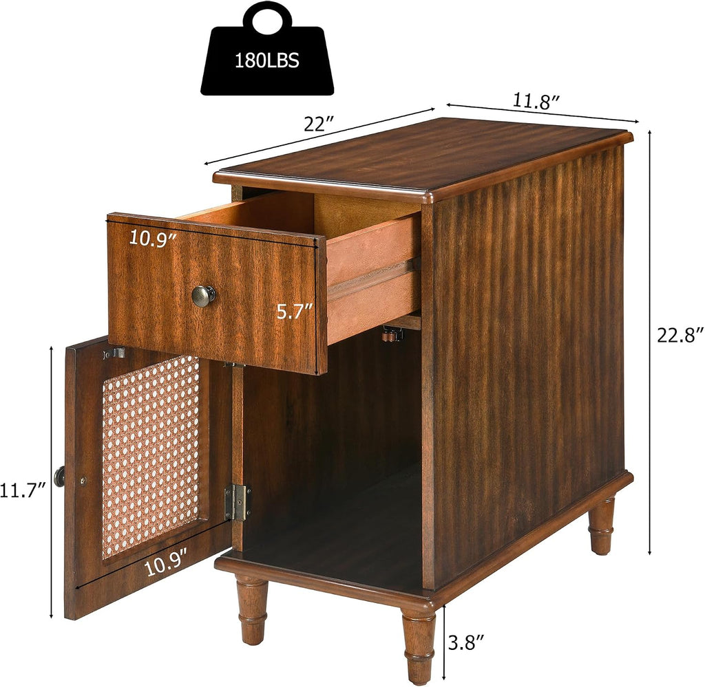 Solid Wood Rattan Narrow End Table, Narrow Nightstand with Drawer and Storage Tier Vintage Walnut Rattan Side Table Compact Bedside Table for Corner Small Space Bedroom, 22" Dx11.8 Wx22.8 H