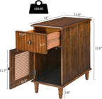 Solid Wood Rattan Narrow End Table, Narrow Nightstand with Drawer and Storage Tier Vintage Walnut Rattan Side Table Compact Bedside Table for Corner Small Space Bedroom, 22" Dx11.8 Wx22.8 H