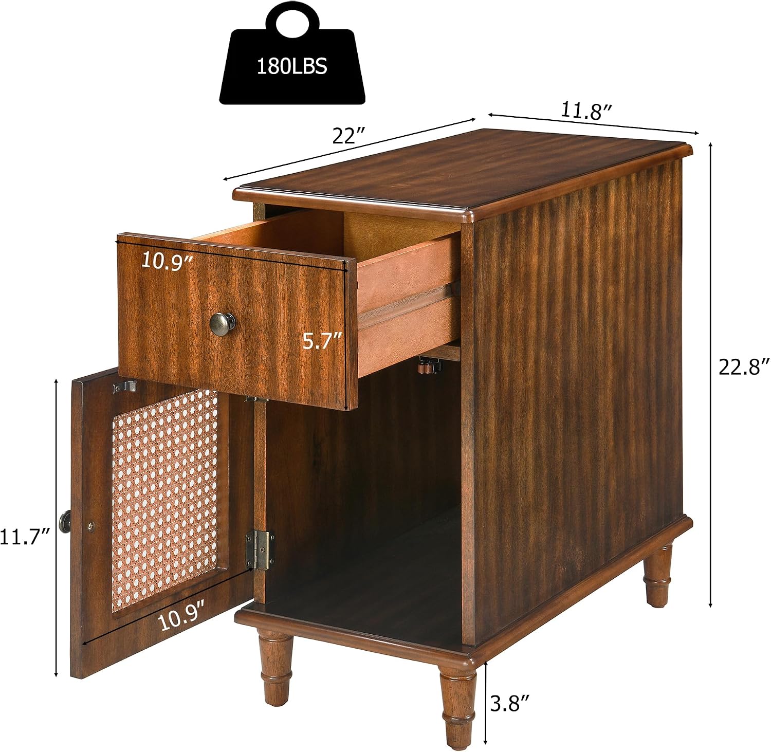 Solid Wood Rattan Narrow End Table, Narrow Nightstand with Drawer and Storage Tier Vintage Walnut Rattan Side Table Compact Bedside Table for Corner Small Space Bedroom, 22" Dx11.8 Wx22.8 H