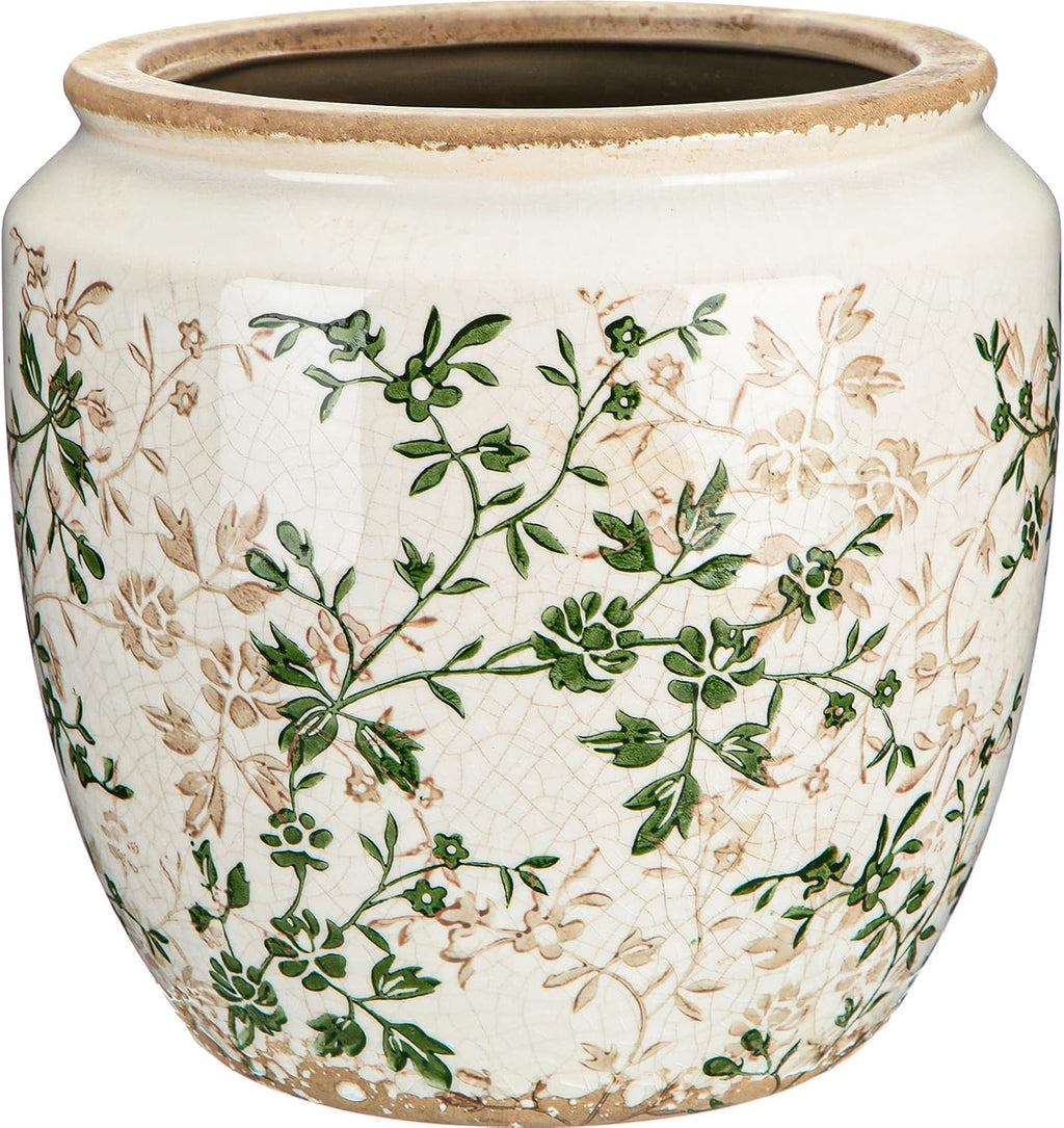 LemonRoad 7 Inch Large Vintage Ceramic Planter with Drainage Holes Ice Crackle Flower Vase Flower Pot with Rustic Greenery Pattern for Indoor Outdoor Plants Garden Home Kitchen Office Shelf Decor