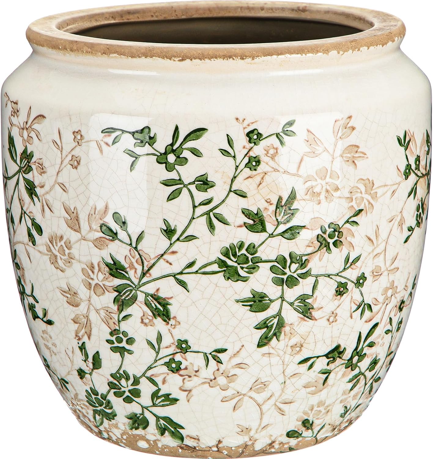 LemonRoad 7 Inch Large Vintage Ceramic Planter with Drainage Holes Ice Crackle Flower Vase Flower Pot with Rustic Greenery Pattern for Indoor Outdoor Plants Garden Home Kitchen Office Shelf Decor