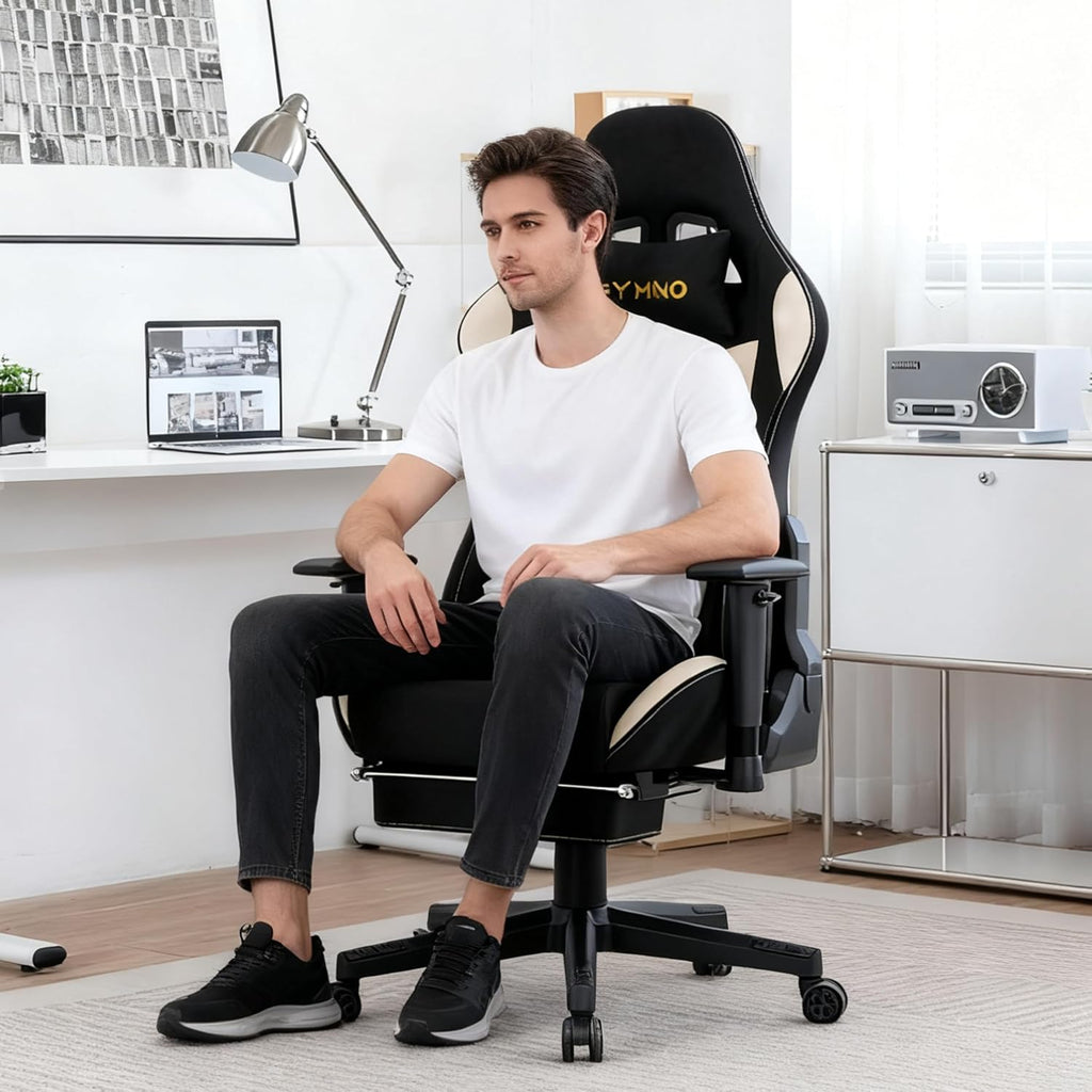 Symino Gaming Chair, Two-Tone Design, Wraparound Seat, Lumbar & Head Support, 150° Tilt, Class 3 SGS Gas, 330 lbs (Faux Suede, Black Beige)