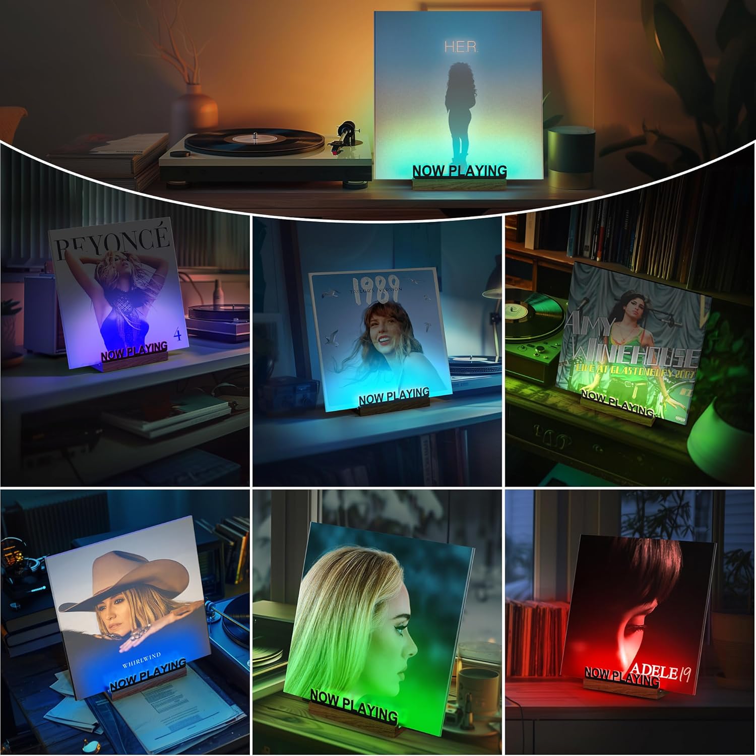 KORRTFID Now Playing Vinyl Record Stand, Light Up Vinyl Record Display Stand with 7- Color Changing Lights, Multi Color Light with Fingerprint-Proof Acrylic Letters (Black letters)