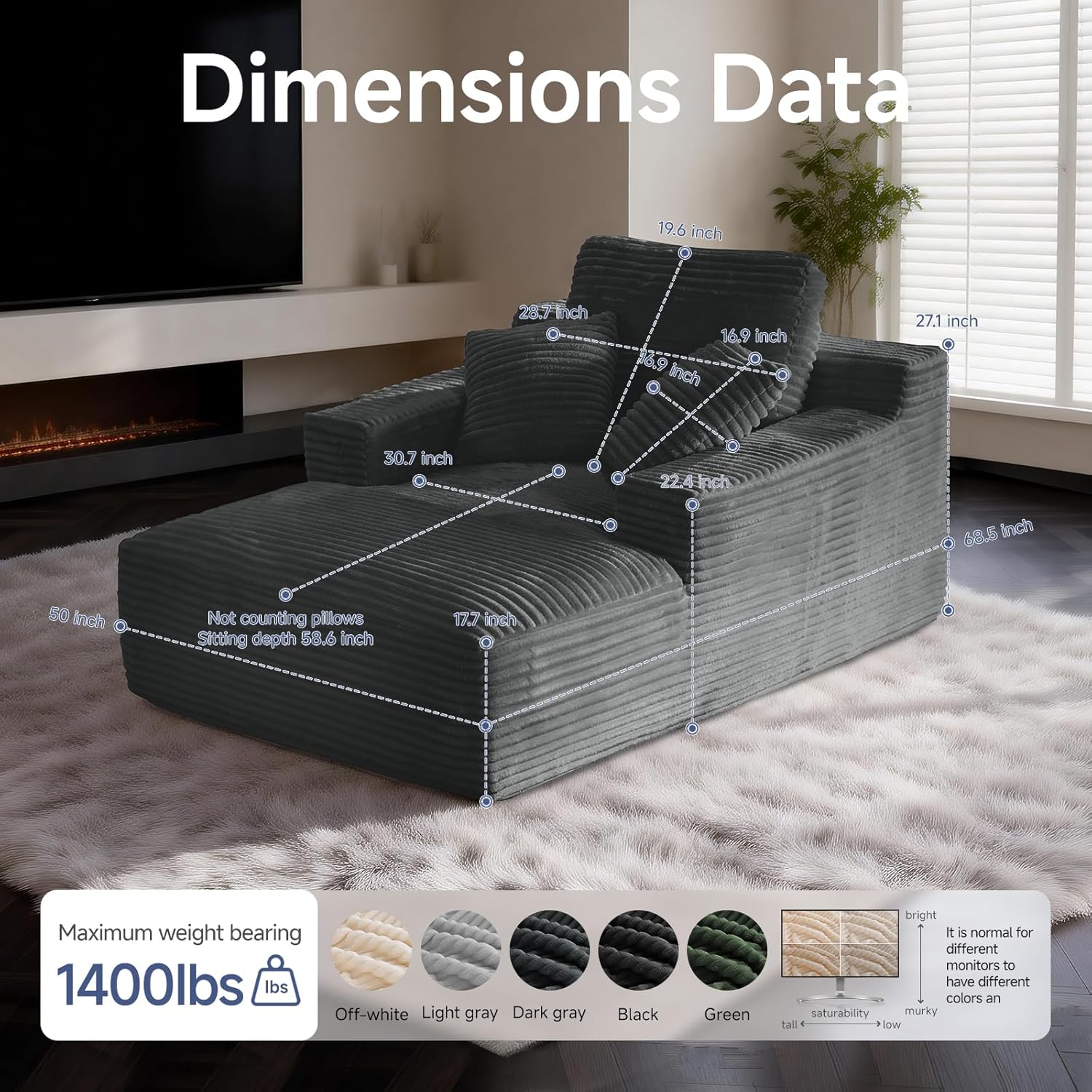 68" Chaise Lounge Chair Indoor, Corduroy Upholstered Boneless Sofa Bed, Deep Seat Sleeper Couch Reading Chairs, Oversized Comfy Cloud Sofas Couches for Living Room, Bedroom (Dark Grey, Oversized)