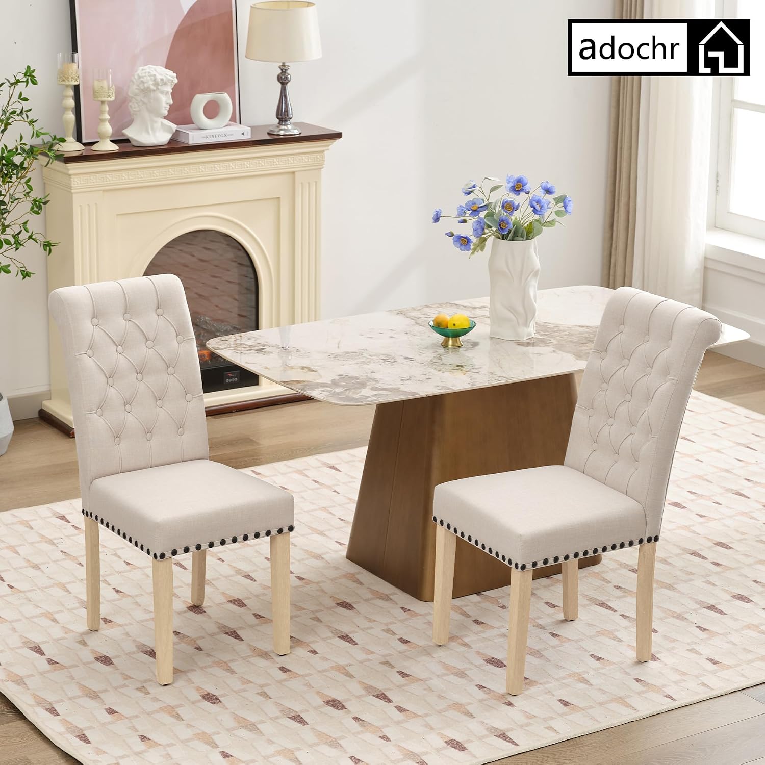adochr Linen Fabric Dining Chairs Set of 2, Upholstered Dining Room Chair with Wooden Legs, Armless Parsons Chairs for Kitchen/Dining Room/Living Room, Beige