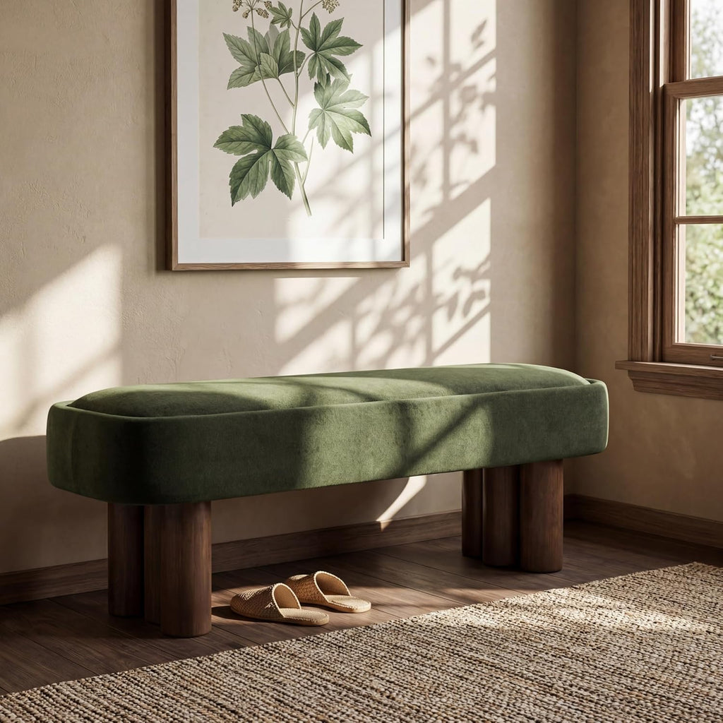 Christopher Knight Home Damas 60.04" Fabric Upholstered Dining Bench, Wooden Entryway Bench, Long Sofa Footstool for Living Room, Bedroom End of Bed Bench, Olive Green+Walnut
