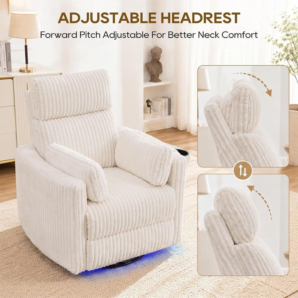 IPKIG Power Swivel Recliner Nursery Rocking Glider Chairs, Corduroy, Beige | LED Light, USB & Type-C Ports, and Cup Holder – Electric Rocking Reclining Chair for Baby Nursing, Living Room, and Bedroom