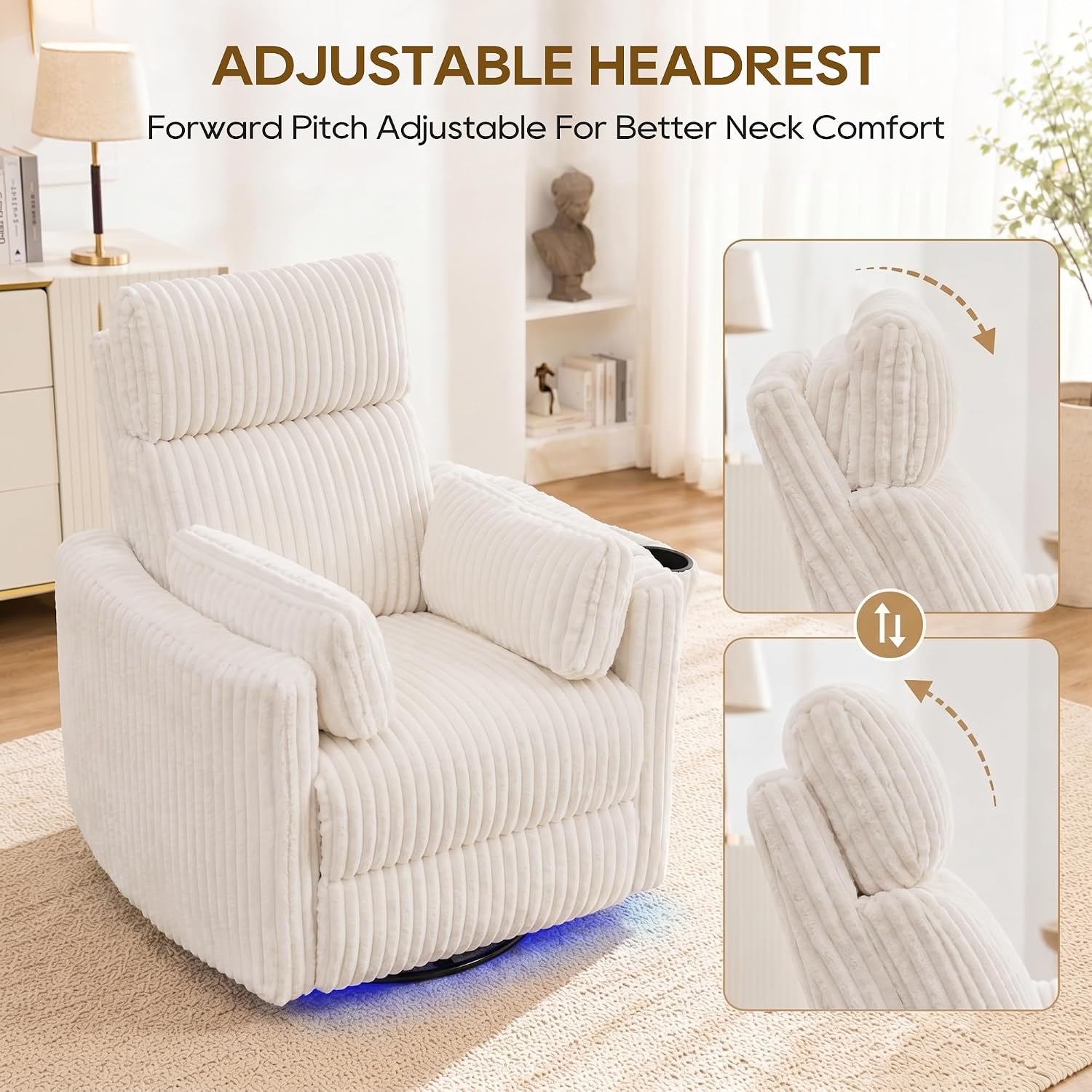 IPKIG Power Swivel Recliner Nursery Rocking Glider Chairs, Corduroy, Beige | LED Light, USB & Type-C Ports, and Cup Holder – Electric Rocking Reclining Chair for Baby Nursing, Living Room, and Bedroom
