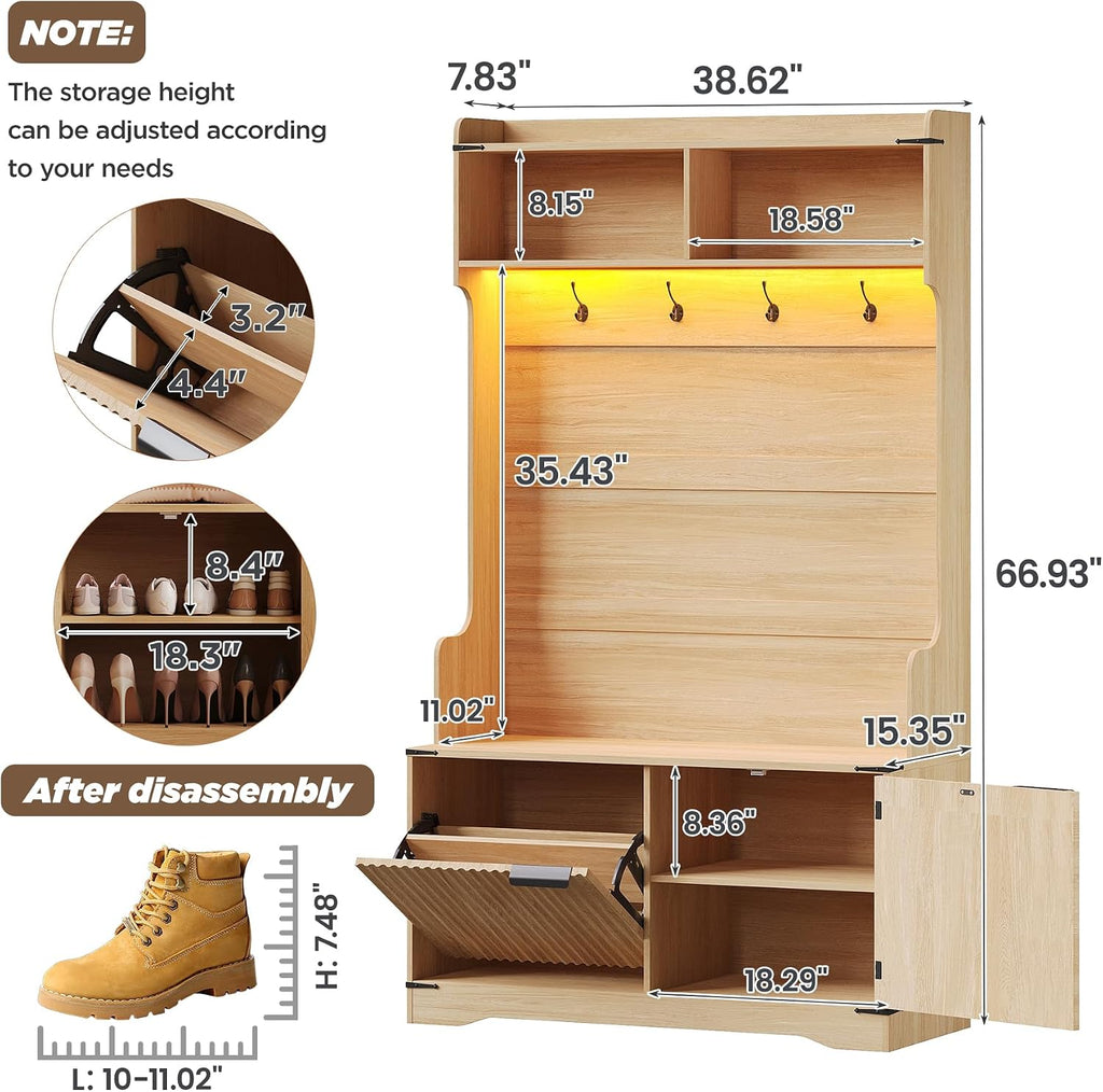 Maupvit 5-in-1 Entryway Hall Tree with Bench and Shoe Storage, Oak | Modern Coat Rack with Fluted Shoe Bench,LED Sensor Light, Adjustable Shelves & Flip Drawers,for Mudroom, Hallway, Living Room