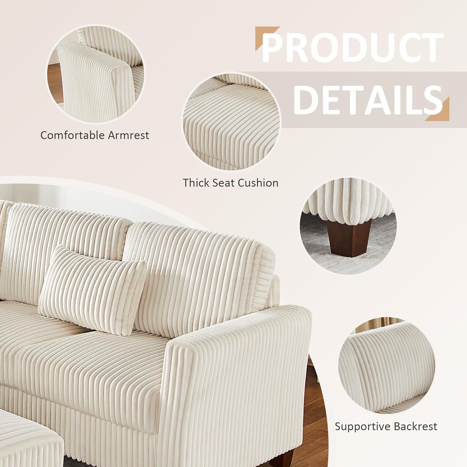 VANOMi Sectional Corner Couch, Corduroy L Shaped Sofa with Storage Ottoman,V Shaped Sectional Sofa, Corner 6-Seat Upholstered Couch with Chaise,Beige