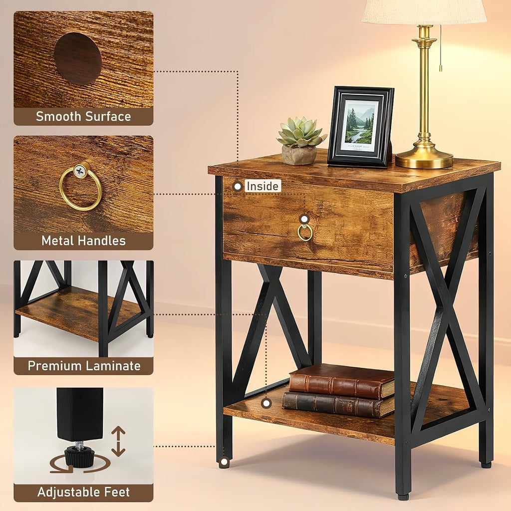 JMLHMXC Nightstands Industrial Bedside End Tables with Drawer and Storage Shelf,Small Side Table for Bedroom, Living Room, Sofa Couch,Brown Set of 2