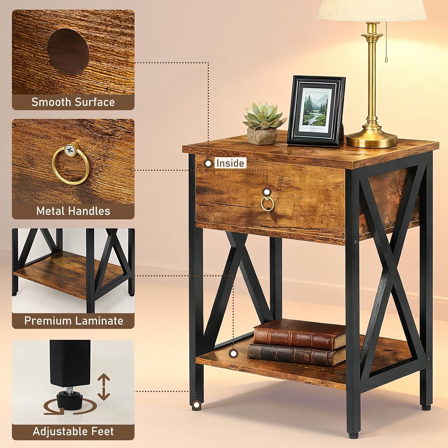 JMLHMXC Nightstands Industrial Bedside End Tables with Drawer and Storage Shelf,Small Side Table for Bedroom, Living Room, Sofa Couch,Brown Set of 2