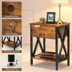 JMLHMXC Nightstands Industrial Bedside End Tables with Drawer and Storage Shelf,Small Side Table for Bedroom, Living Room, Sofa Couch,Brown