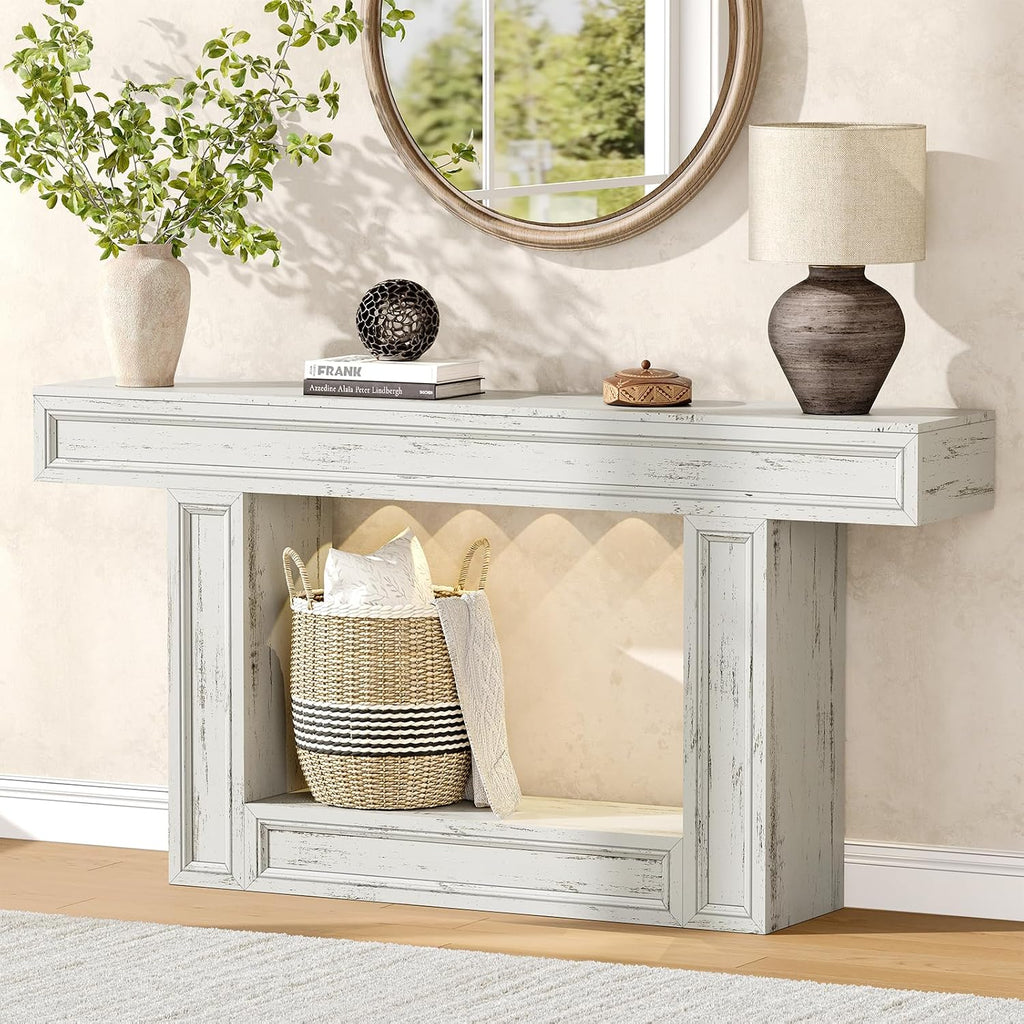 Rresyet 63" Console Table, 2-Tier Entryway Table with Sensor Lights, Coffee Table Behind The Sofa, with U-Shaped Base Suitable for Entryways, Living Rooms, Corridors, and Foyers(White)