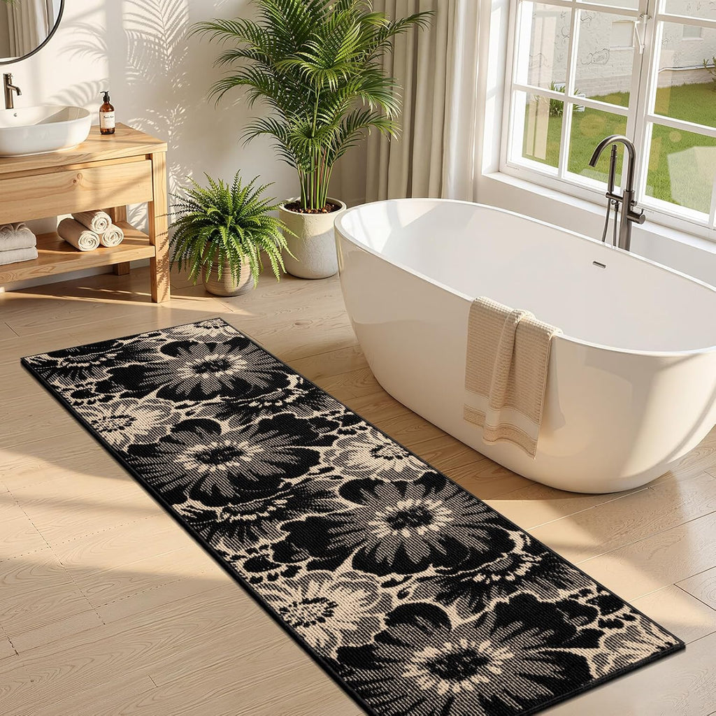 Findosom Hallway Runner Rug 2x8, Non Slip High-Low Textured Floral Washable Runner Rug with Rubber Backing, Boho Carpet Runner for Kitchen, Entryway, Bedroom, Laundry, Black & Beige