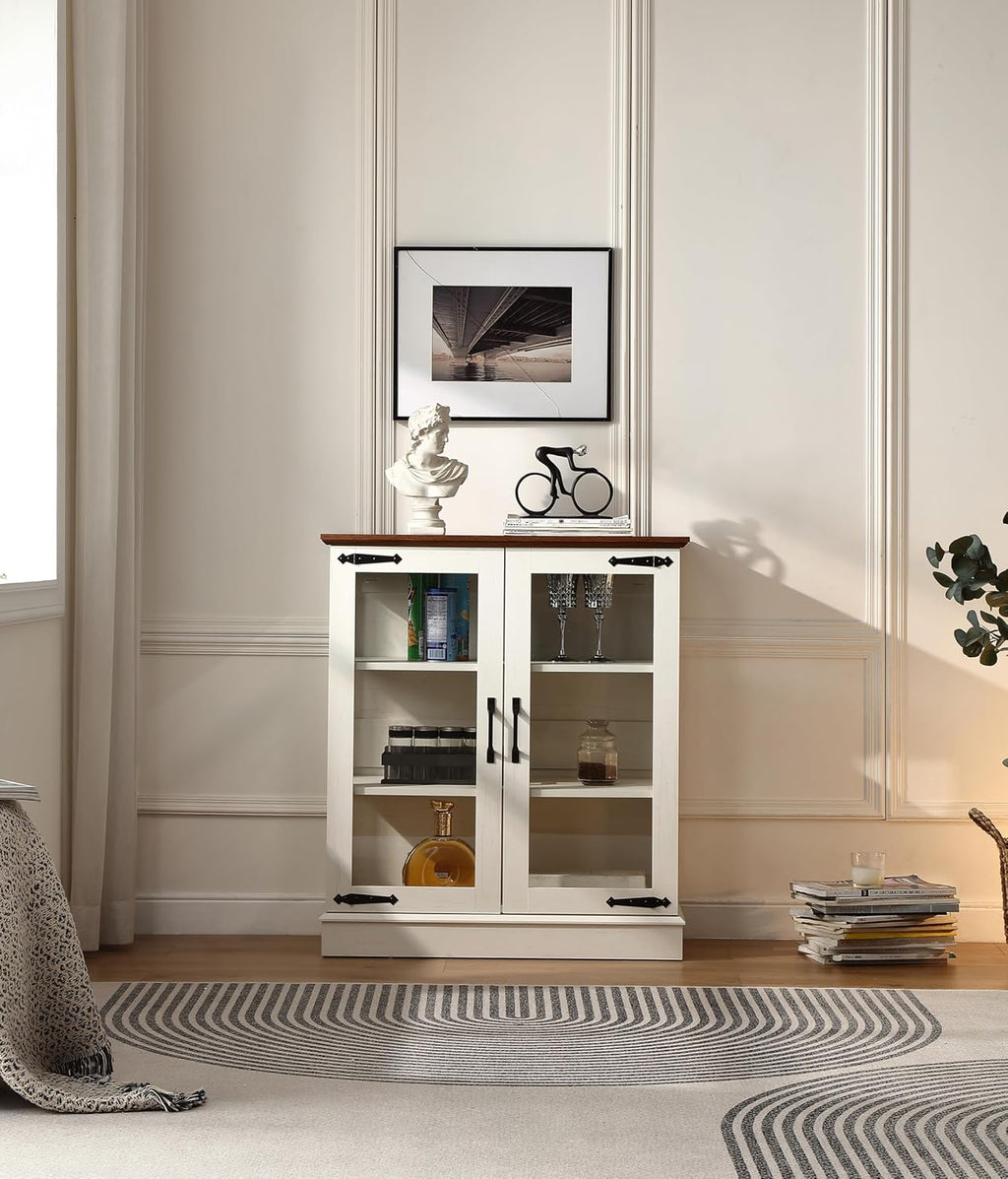 FOREST GRAVITY 31.5'' Small Display Buffet Cabinet with LED and Glass Doors for Great Showcase,Small Coffee bar Cabinet with one Adjustable,Modern Sideboard Buffet for Kitchen,Antique White