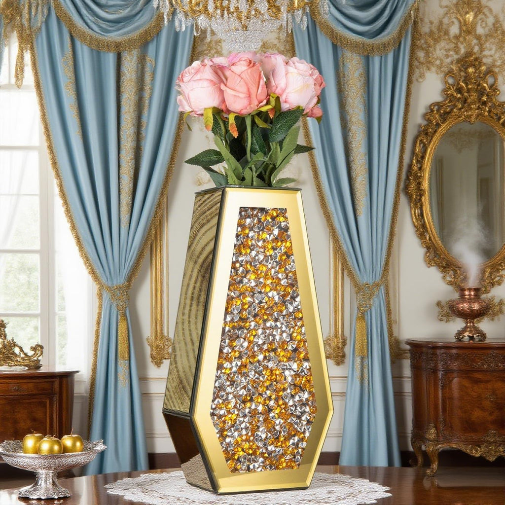 Luxury Crystal Glass Flower Vase Crushed Diamond Vase, Gold Mirror Finish, 14 inches Tall, Decorative Rhinestone Centerpiece for Home