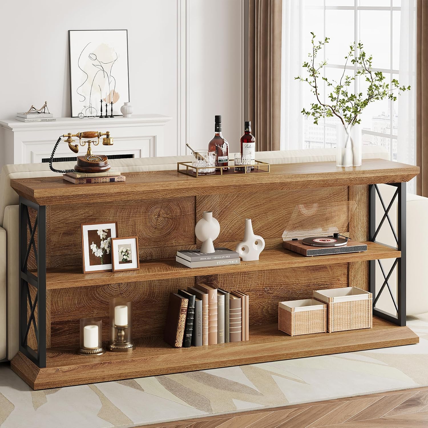 63 Inch Long Console Tables for Entryway with 3-Tier Storage, Wooden Sofa Table Behind Couch for Living Room Hallway, Entry, Oak Brown