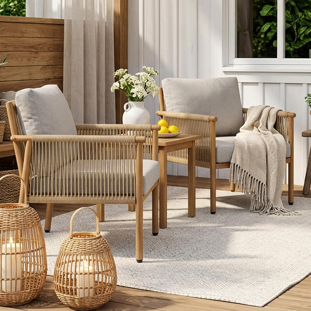 Outdoor Accent Chair, Patio Lounge Chairs Set of 2 with Hand-Woven Rope & Waterproof Cushions, Comfy Metal Patio Outdoor Chair, All-Weather Balcony Seating for Garden/Porch/Poolside, Grey