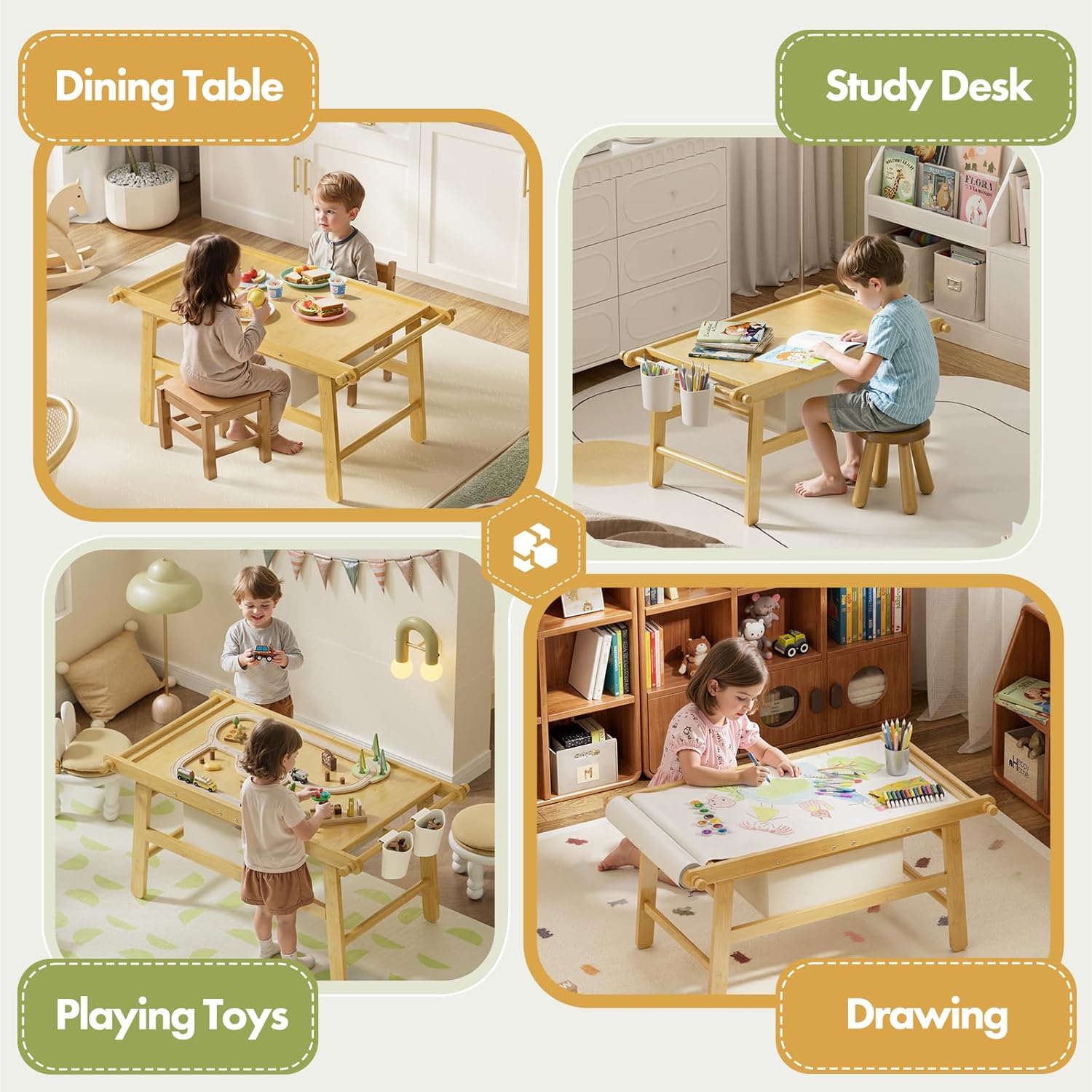 Kids Train Table with Storage, 5 in 1 Bamboo Activity Table for Building Blocks, Wooden Play Desk for Toddlers Ages 3-10, Multi-Functional Kids Table for Art, Drawing, Learning and Dining