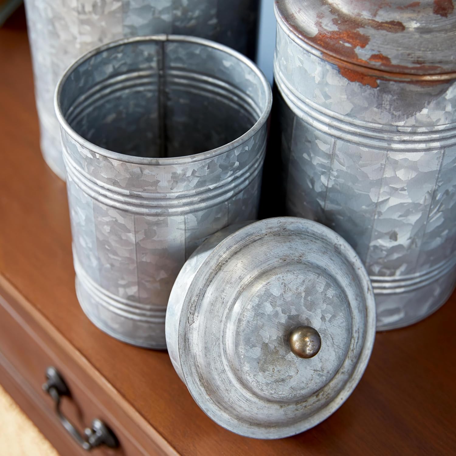 Deco 79 Metal Living Room Decorative Jars Galvanized Ribbed Decorative Container with Gold Ball Knobs, Set of 3 Jar with Lid 12", 9", 8"H, Gray
