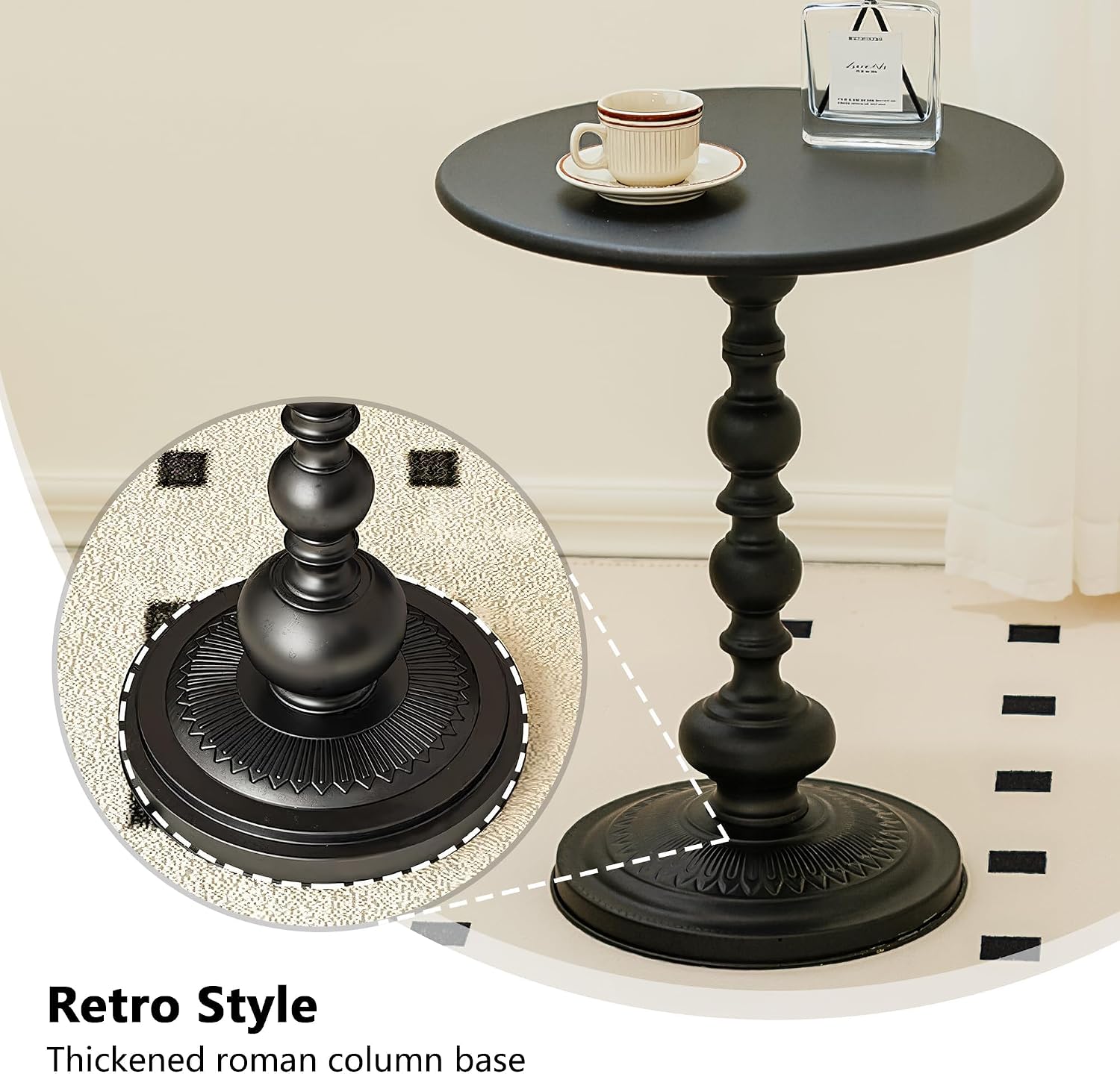 Black Metal End Table, Small Round Side Table | Vintage Matte Black Pedestal, For Living Room, Bedroom, Sofa, For Patio & Bar, Nightstand