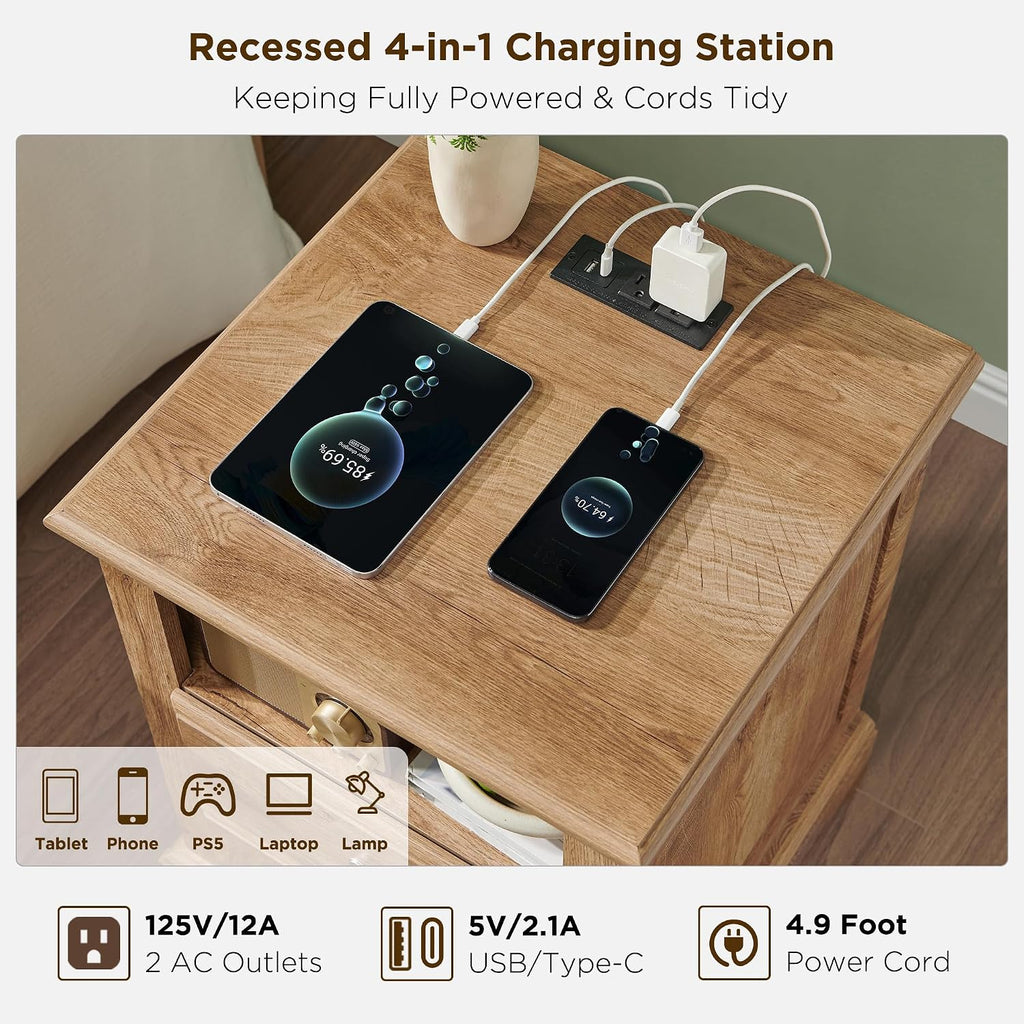 T4TREAM 18" Vintage Nightstand with Charging Station, Light Knotty Oak | Rustic 2 Drawers & Open Storage Shelf Wood Rustic Sofa Side Table