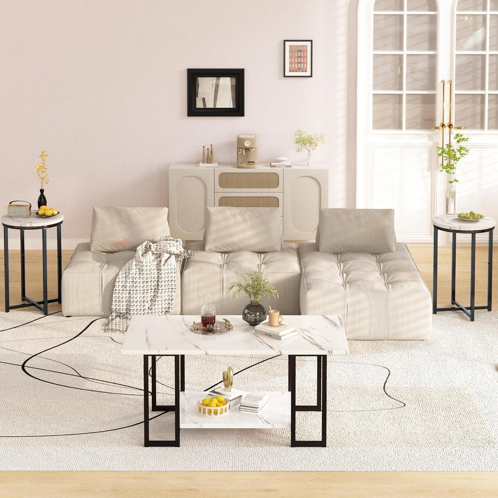 Lamerge 3 Pieces Living Room Table Set, Faux Marble Coffee Table with 2 Round End Side Tables, Coffee Table Set with Metal Frame for Apartment Home Office, White Black