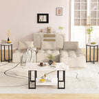 Lamerge 3 Pieces Living Room Table Set, Faux Marble Coffee Table with 2 Round End Side Tables, Coffee Table Set with Metal Frame for Apartment Home Office, White Black