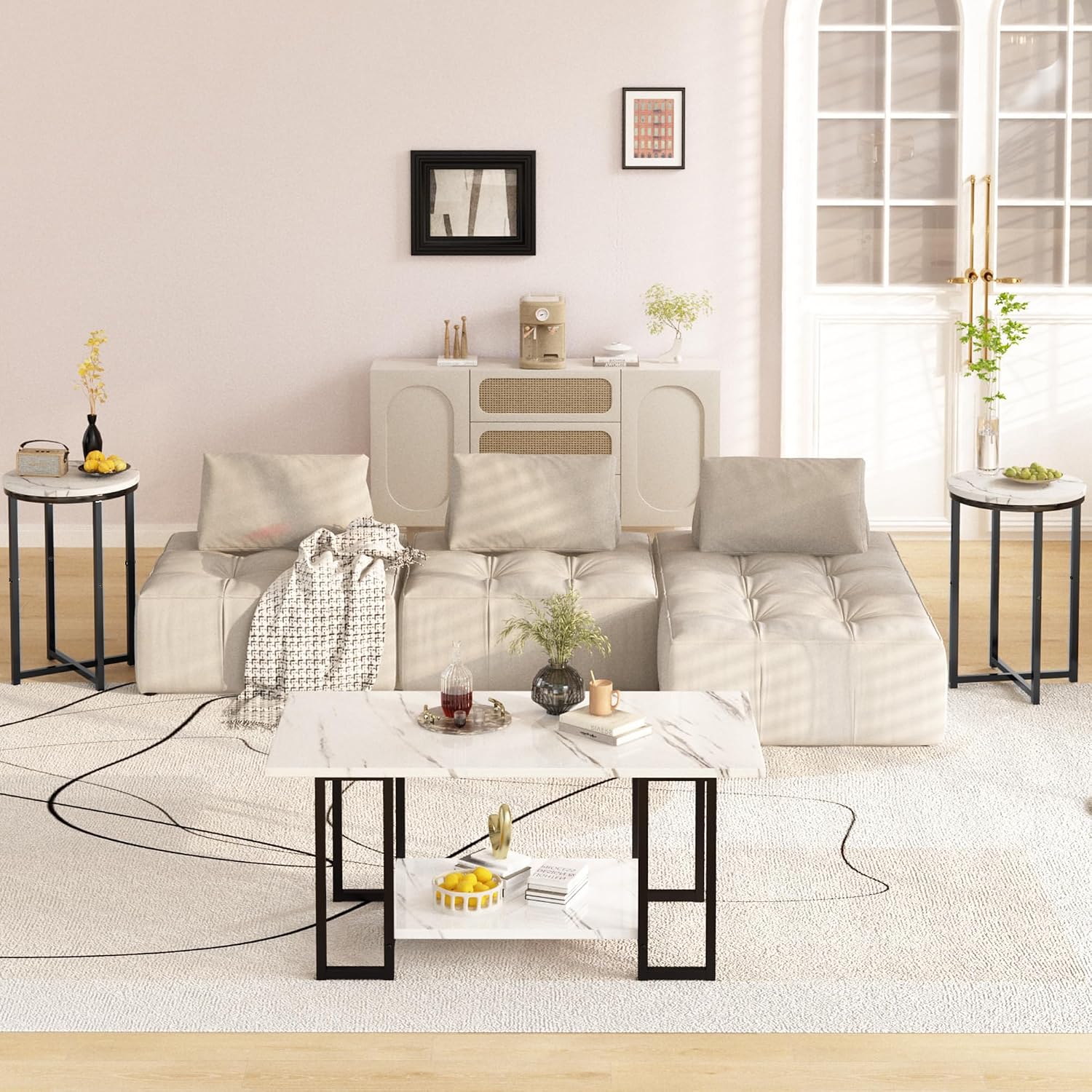 Lamerge 3 Pieces Living Room Table Set, Faux Marble Coffee Table with 2 Round End Side Tables, Coffee Table Set with Metal Frame for Apartment Home Office, White Black