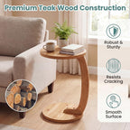 GOFLAME C-Shaped Round End Table, Solid Teak Wood Couch Sofa Side Table with 2 Tier Storage Shelves, Farmhouse TV Tray, Narrow Compact Bedside Nightstand for Living Room, Bedroom, Natural (1)