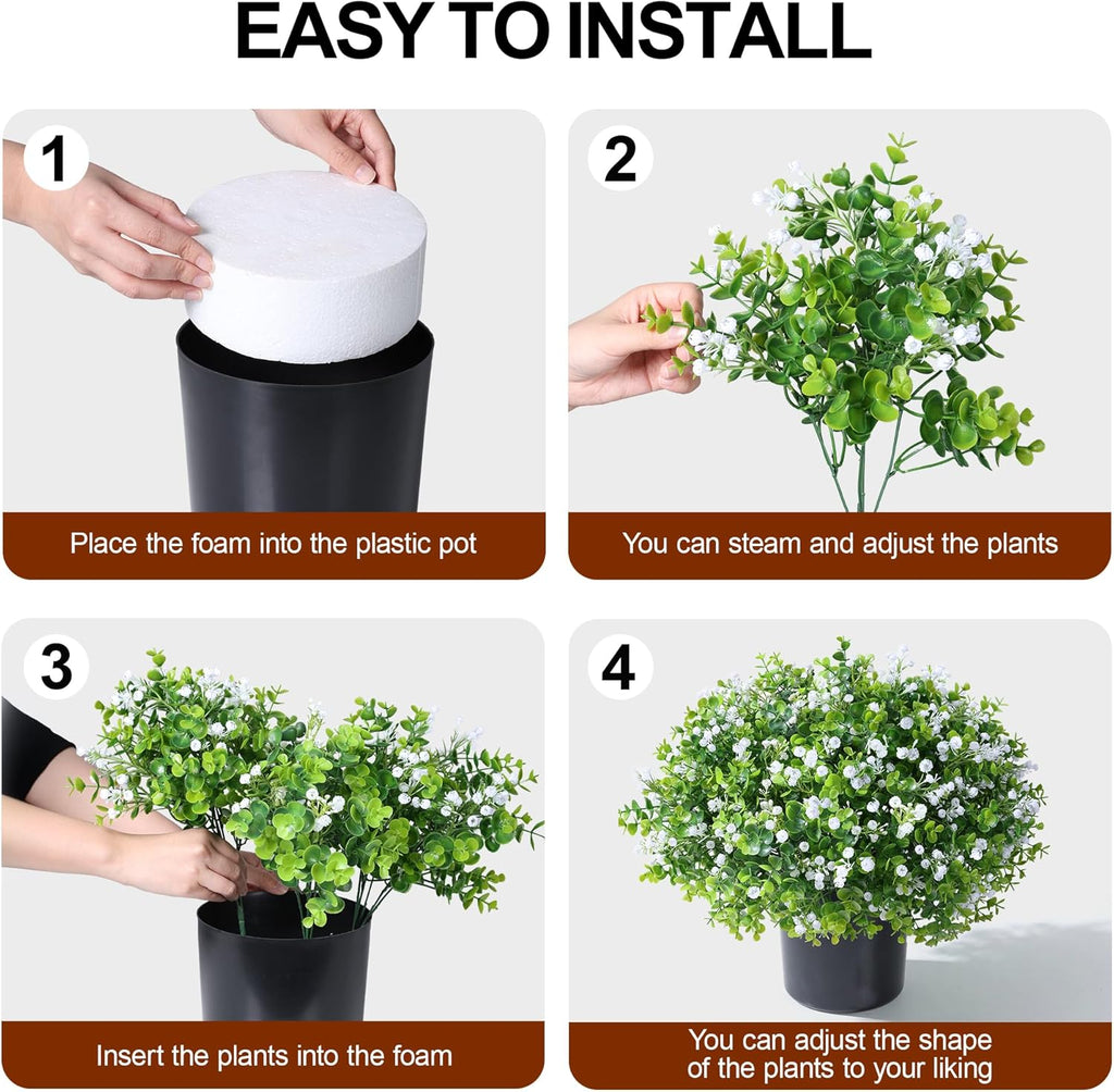Fake Plants Artificial Flowers for Outdoors Decor, 2 Pack Fake Potted Plants Baby Breath With Green Eucalyptus Look Real UV Resistant Artificial Greenery with Pot for Outside Porch Garden Patio Yard
