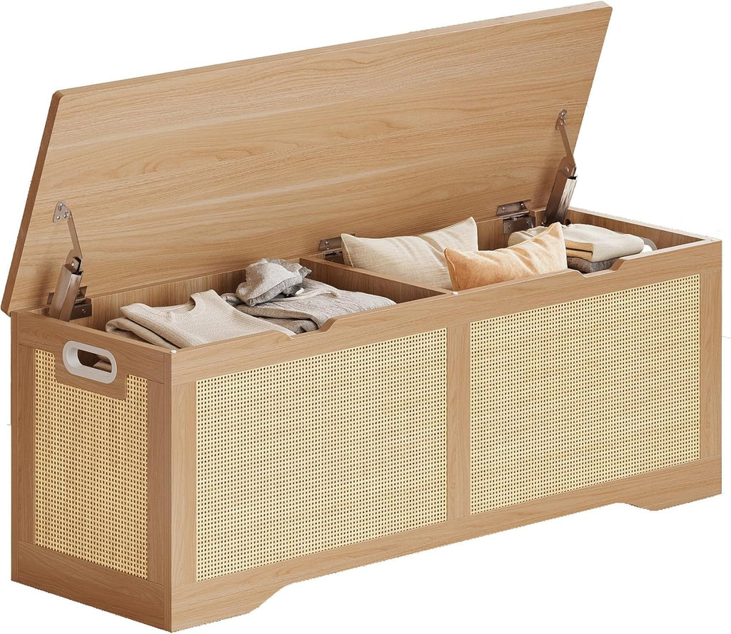 LIKIMIO 47.2" Rattan Storage Ottoman Bench Chest, End of Bed Bench, Storage Chest, Extra Large Entryway Trunk Toy Box for Bedroom, Living Room, Rustic Wood
