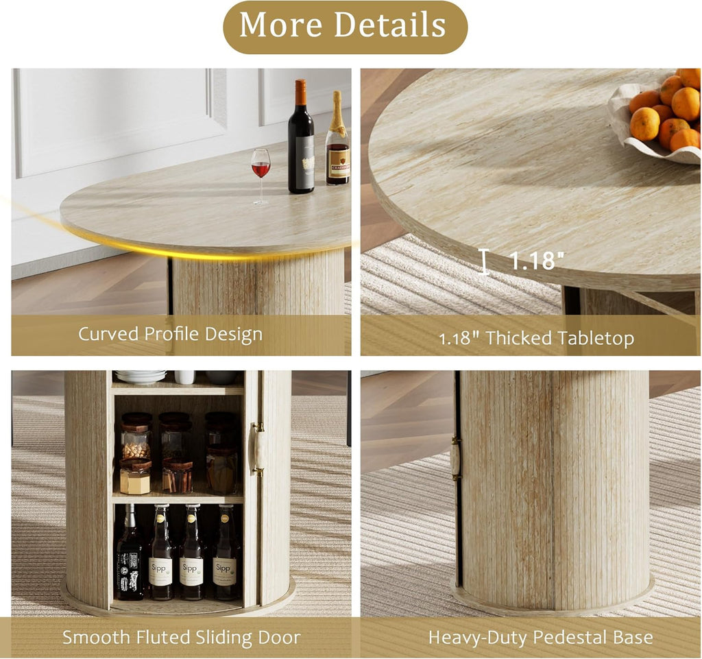63"-94" Large Oval Extendable Dining Table for 6 8 10, Faux Travertine Expandable Kitchen Table with 2 Storage Base & Sliding Doors, Modern Farmhouse Dining Table for Dinner Party Family Gathering