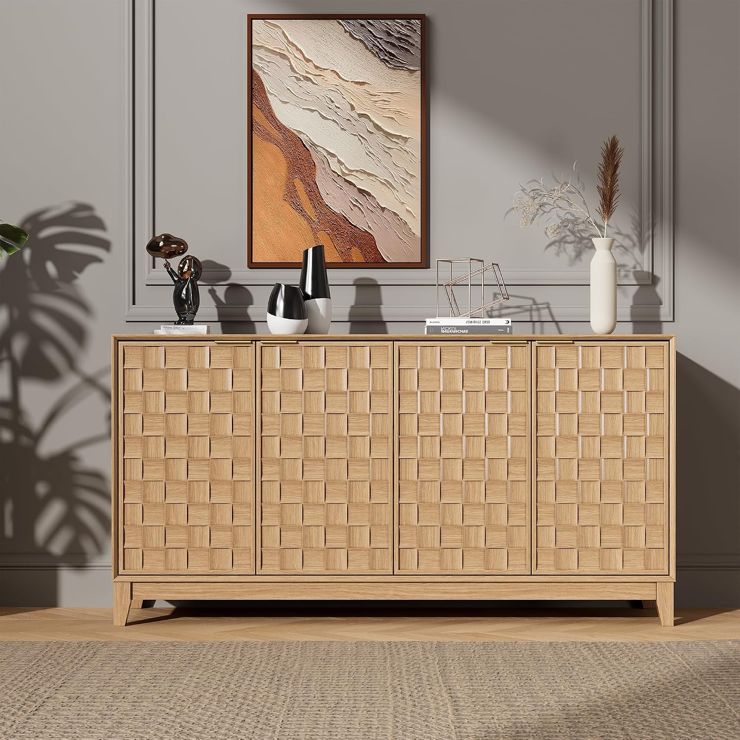 MALOL Fluted Sideboard Buffet Cabinet with Storage, 59" Wood Buffet Table with 4 Doors & Adjustable Shelves, Kitchen Dining Room Coffee Bar Cabinet, Mid Century Modern Style, Natural Wood