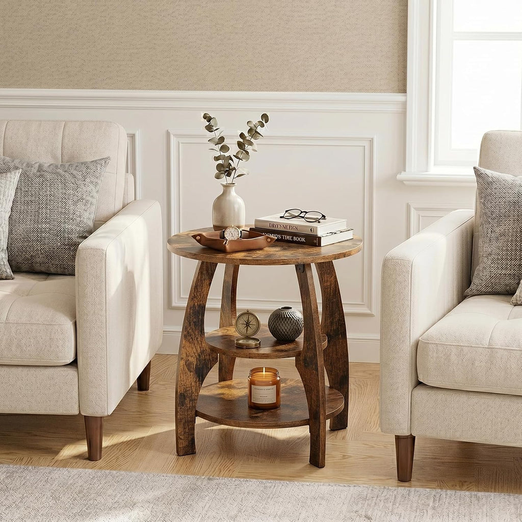 Masupu Round Side Table, 3-Tier Wood End Table, 19.7 inch Accent Table, Mid Century Modern Nightstand for Small Spaces, Living Room, Bedroom, Easy Assembly(Rustic Brown)