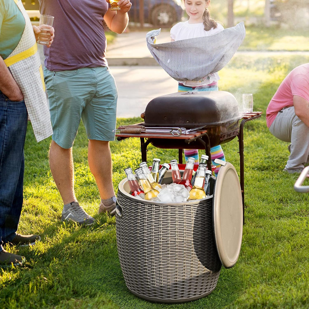 Tangkula 9.5 Gal Cooler Bar Table, Patio Wicker Ice Cool Bar Table, Outdoor Rattan Bar Table with Ice Bucket, Ice Bucket with Side Handles & Lid, Beer & Wine Cooler for Party, Poolside, Deck, Yard