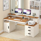 TVU Farmhouse Computer Desk with Drawers, 65'' Home Office Desk with Power Outlets, Storage Cabinet and Printer Stand, Study Writing Desks with Long Monitor Stand, Brown and White