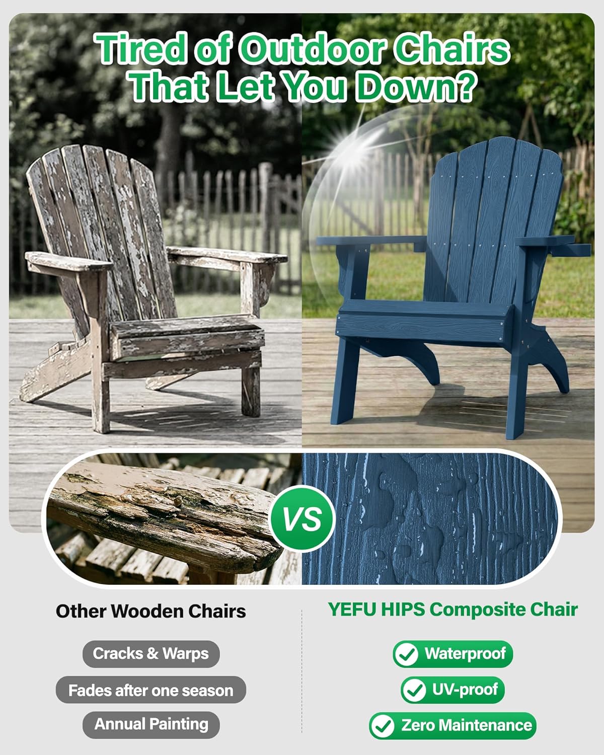 YEFU Oversized Adirondack Chair with Cup-Holder,Plastic Outdoor Fire Pit Chair, Weather Resistant, Poly Lumber Chair, Used in Patio, Lawn, Deck,Heavty Duty,Weight Capacity 450lbs-Navy Blue