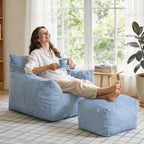 INMOZATA Bean Bag Chair with Ottoman, Cloud Boneless Couch - Oversized Memory Foam Beanbag Set for Adults & Teens, 3FT Plush Corduroy Comfy Lounge Sofa for Bedroom, Dorm & Reading Nook (Light Blue)