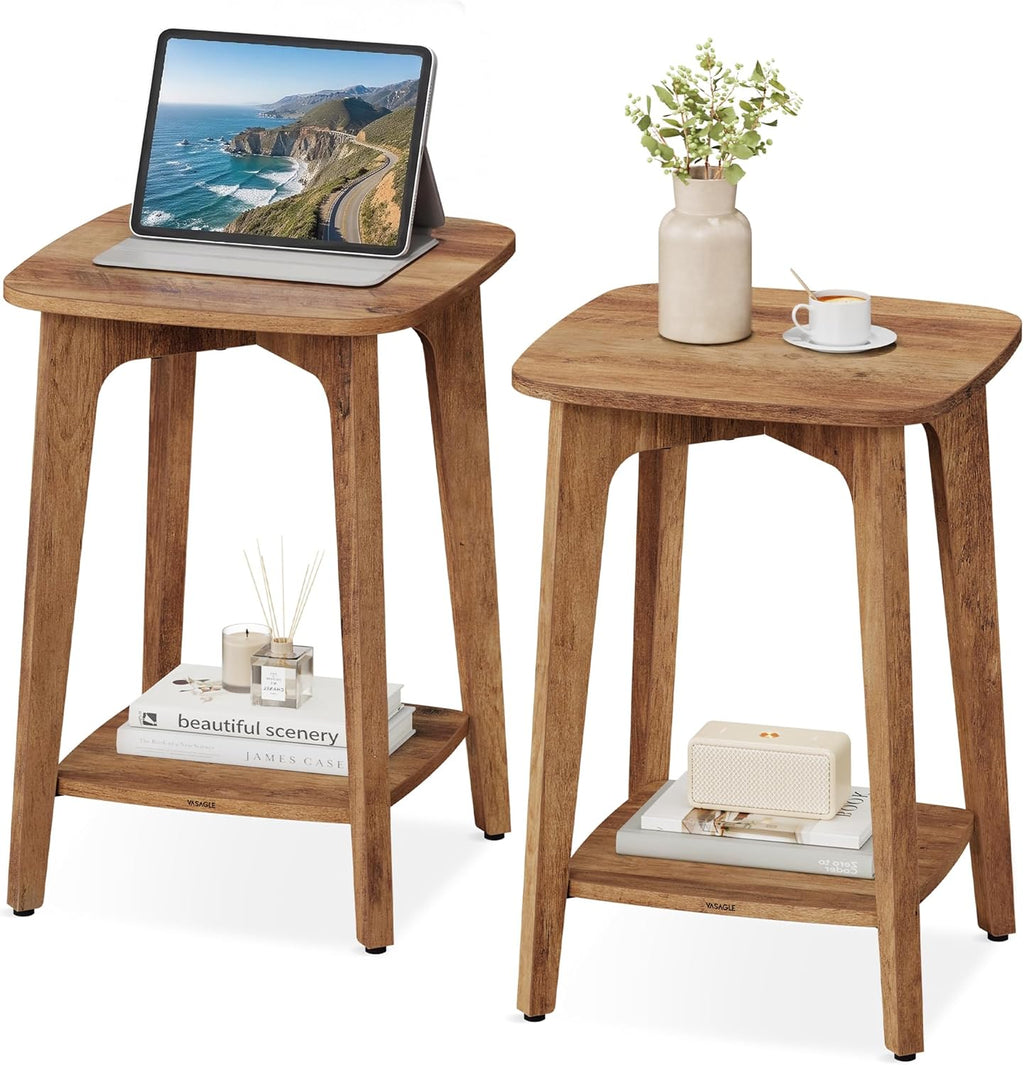 VASAGLE MAEZO Collection - Side Tables, Set of 2, 2-Tier Small Square End Tables, Nightstands with Tapered Legs, Curved Transitions, for Small Spaces, Living Room, Bedroom, Honey Brown ULET238KB01S