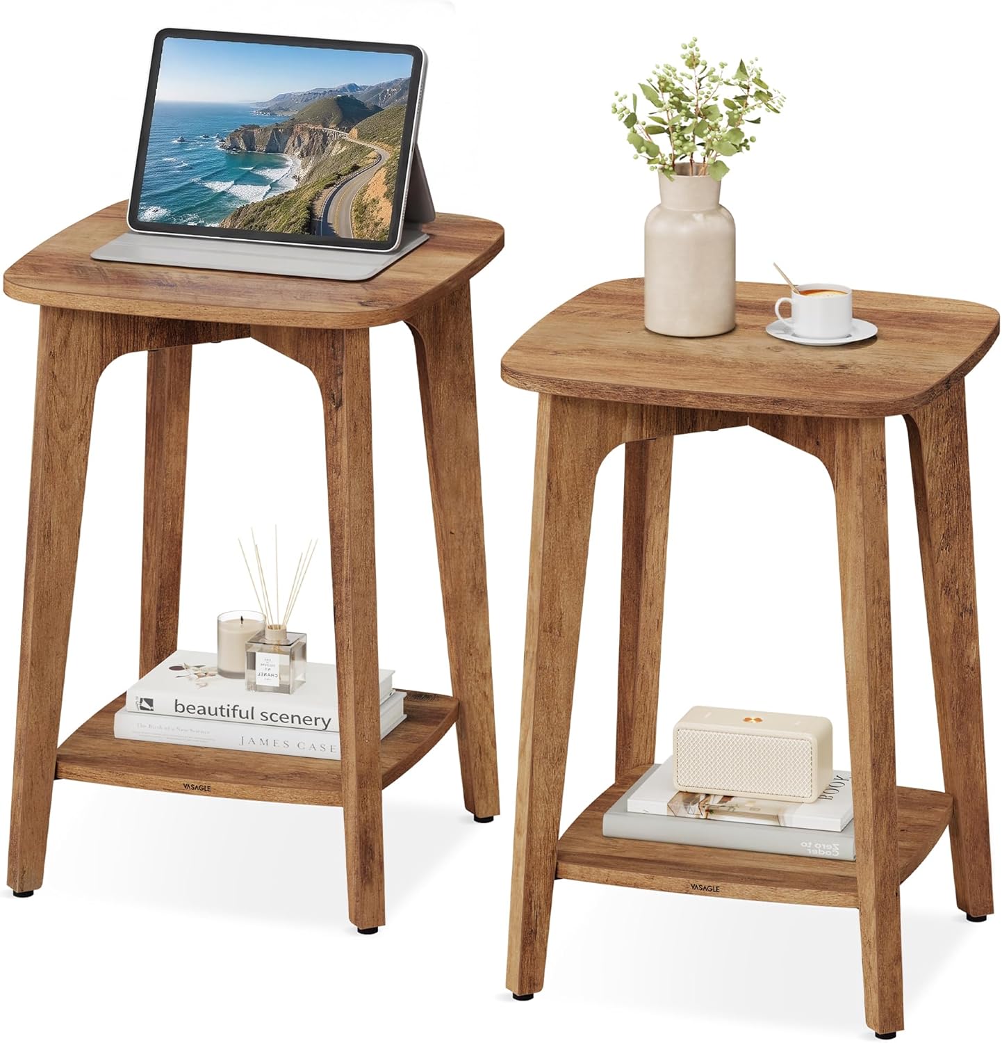 VASAGLE MAEZO Collection - Side Tables, Set of 2, 2-Tier Small Square End Tables, Nightstands with Tapered Legs, Curved Transitions, for Small Spaces, Living Room, Bedroom, Honey Brown ULET238KB01S