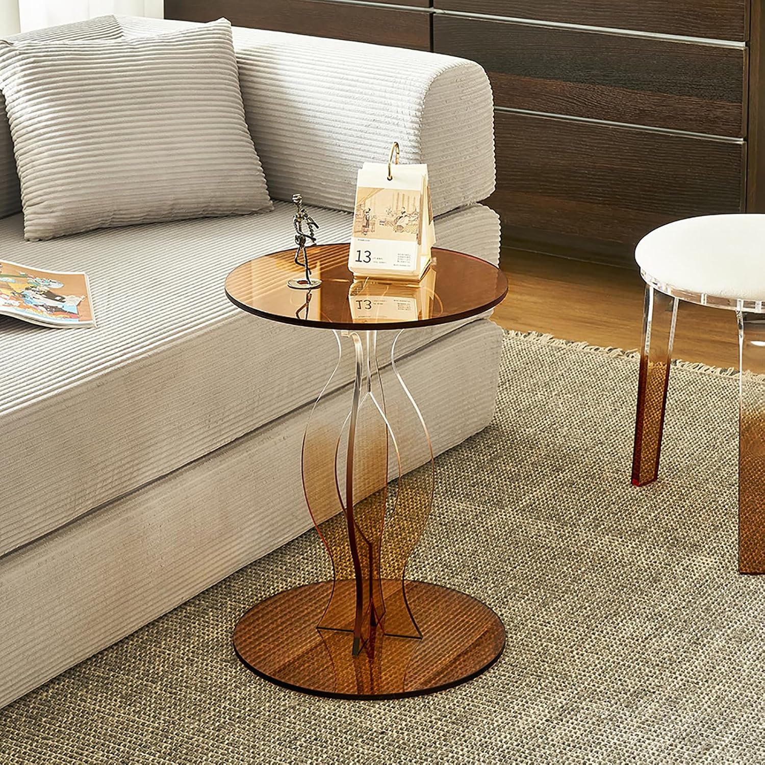 Acrylic Side Table, Clear End Table, Round Drink Table, Modern Nightstand for Living Room, Coffee Tables for Bedroom, Amber