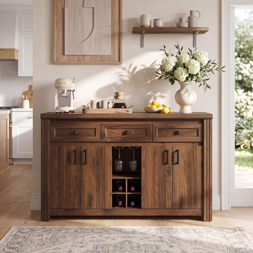 Buffet Sideboard with Storage, 55" Large Kitchen Storage Cabinet with 4 Doors, Wine Rack & Glass Holder, Farmhouse Wood Coffee Bar Buffet Table with Shelves for Kitchen, Dining Room, Walnut