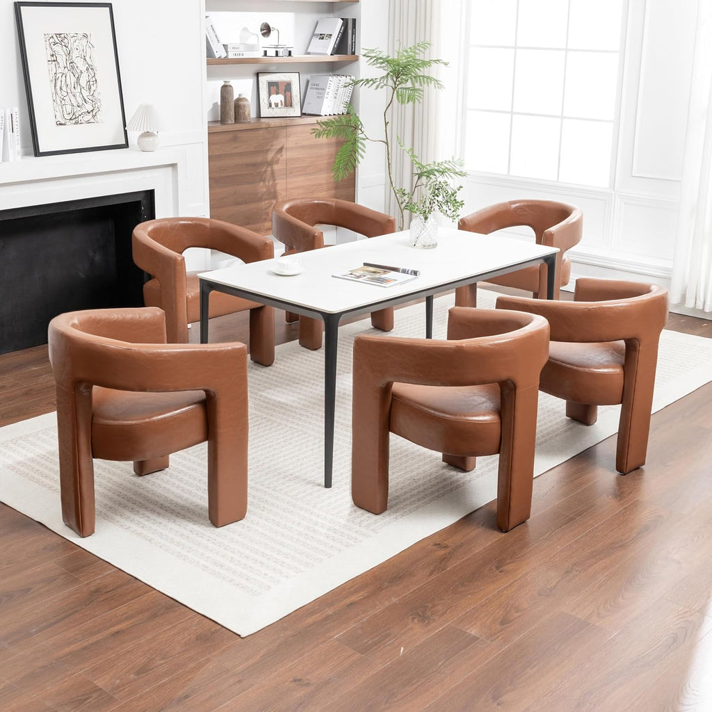 Modern Barrel Dining Chair, Comfy Faux Leather Upholstered Chairs with Open-Back, Assembled Vanity Chair, PU Leather Accent Chair Side Armchair for Dining Room, Kitchen, Living Room（Brown）