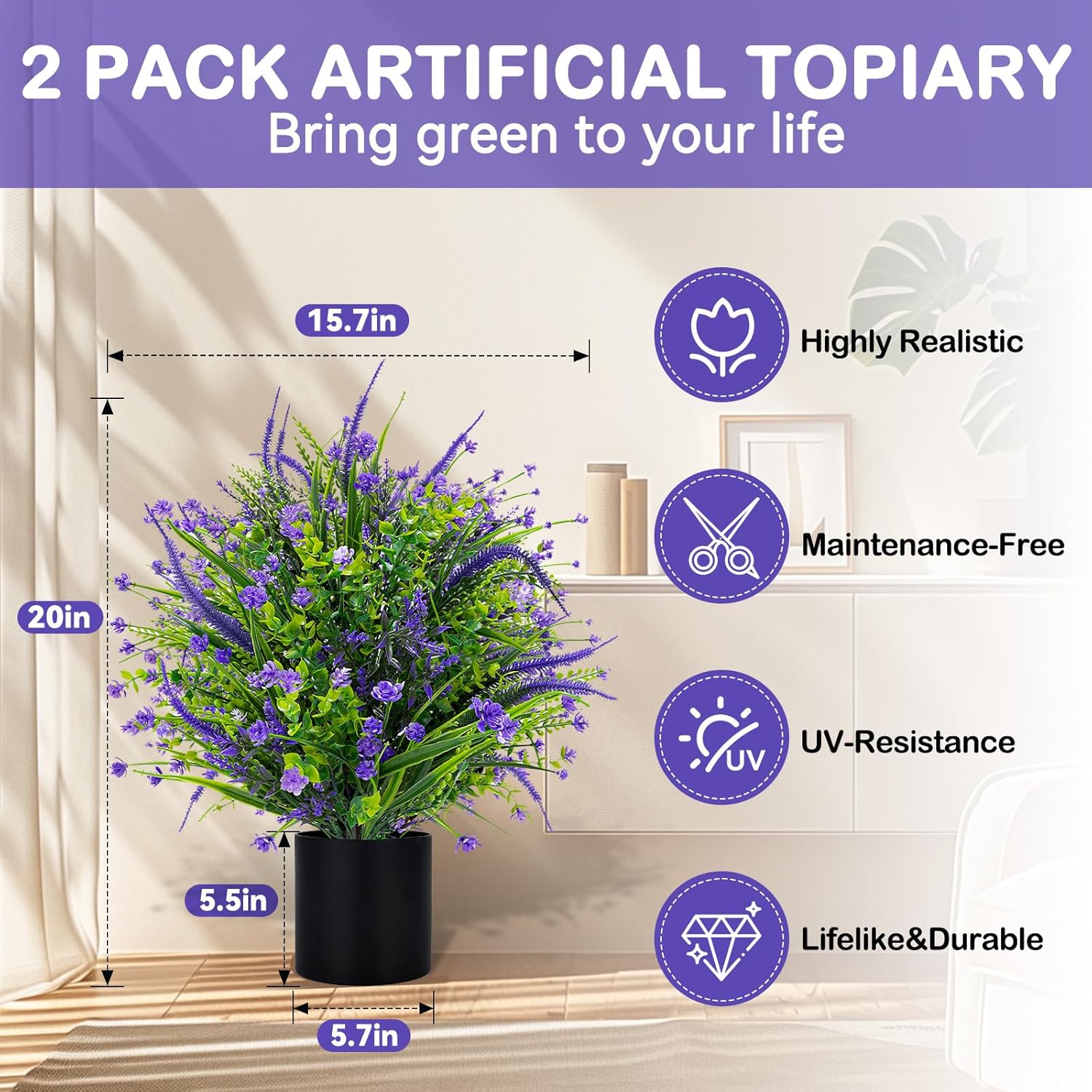 Artificial Lavender Flower Topiary Trees for Front Door UV Resistant Faux Outdoor Potted Plants, Spring Summer Greenery Fake Bushes for Front Door Farmhouse Garden Porch Outdoor Decor (Purple Flower)